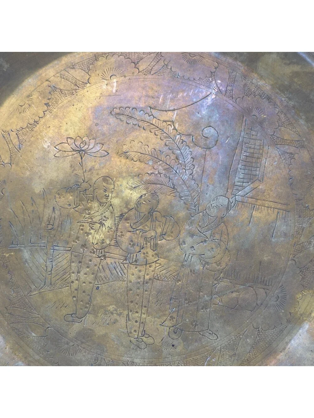 Vintage Chinese Etched Brass Tray 13” Scalloped Chinoiserie Wall Decor